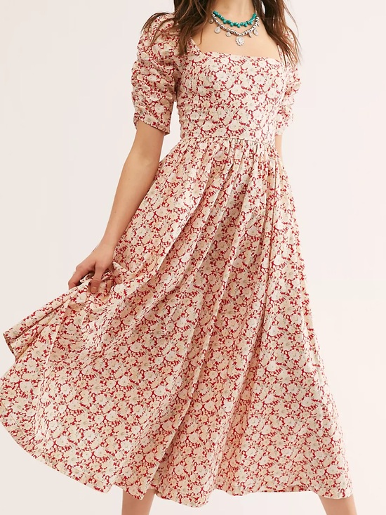 Free People Dresses & Skirts - FP Free People She's A Dream Midi Dress - 100% Cotton Red Floral Milkmaid Dress